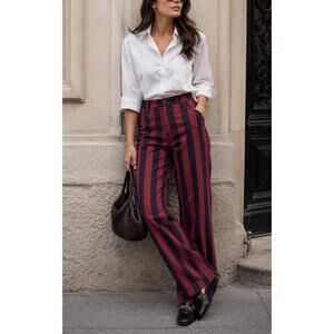 NWT Boden High Rise Stripe Straight Leg Pants 27 Petite Burgundy Navy